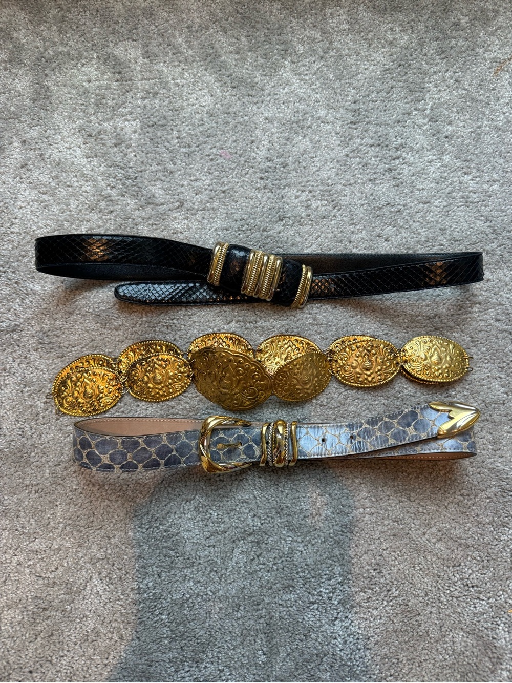 Vintage Belts by Simon Genuine Grey Leather snake pattern belt two toned metal